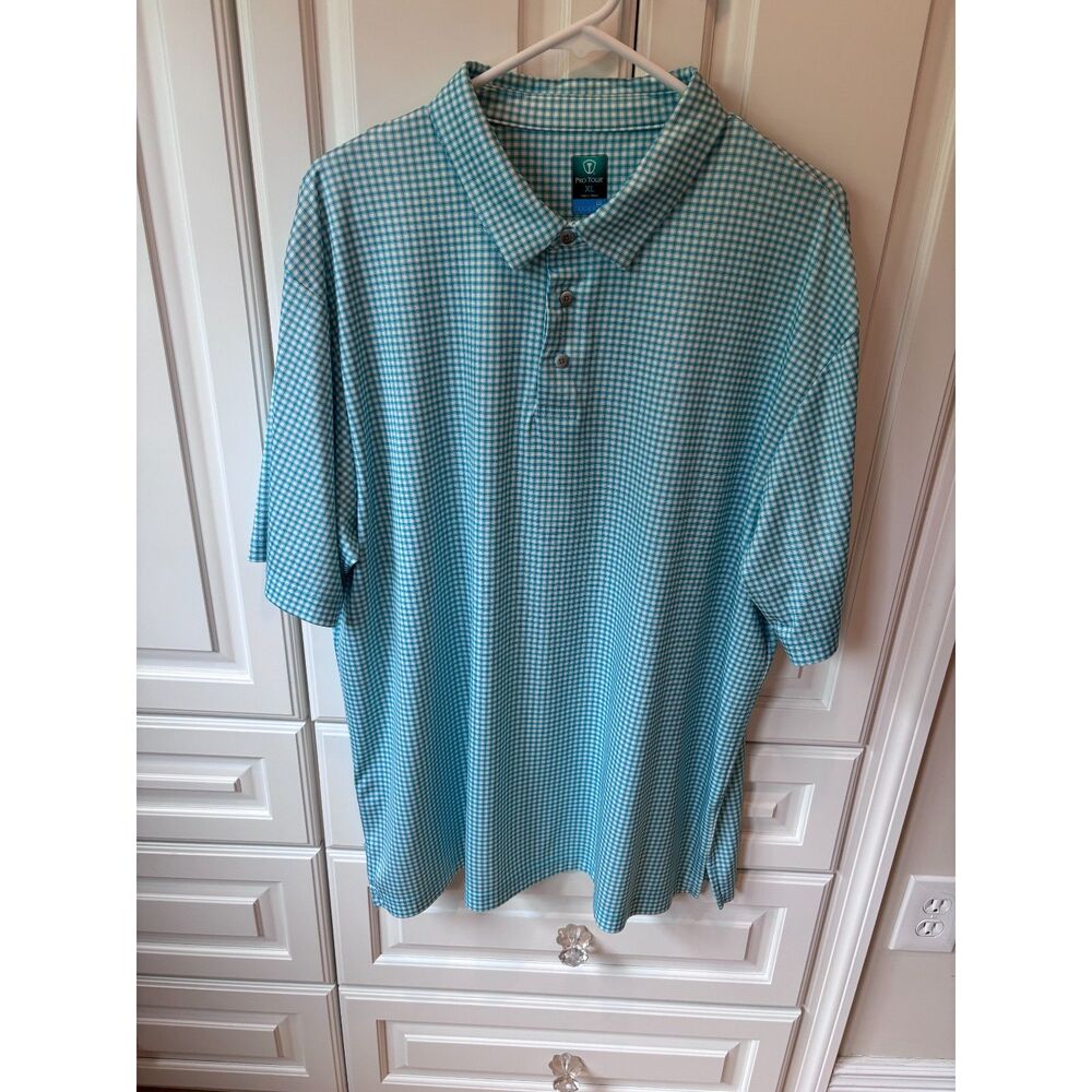 Pro Tour CoolPlay Golf Polo Shirt Men's XL Aqua White Check Performance Golf